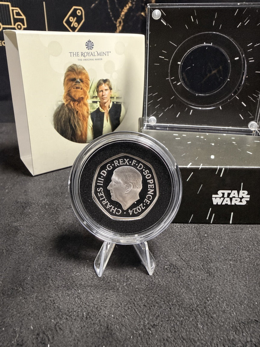 Actual 2024 Star Wars Han Solo and Chewbacca 50p obverse portrait King Charles III