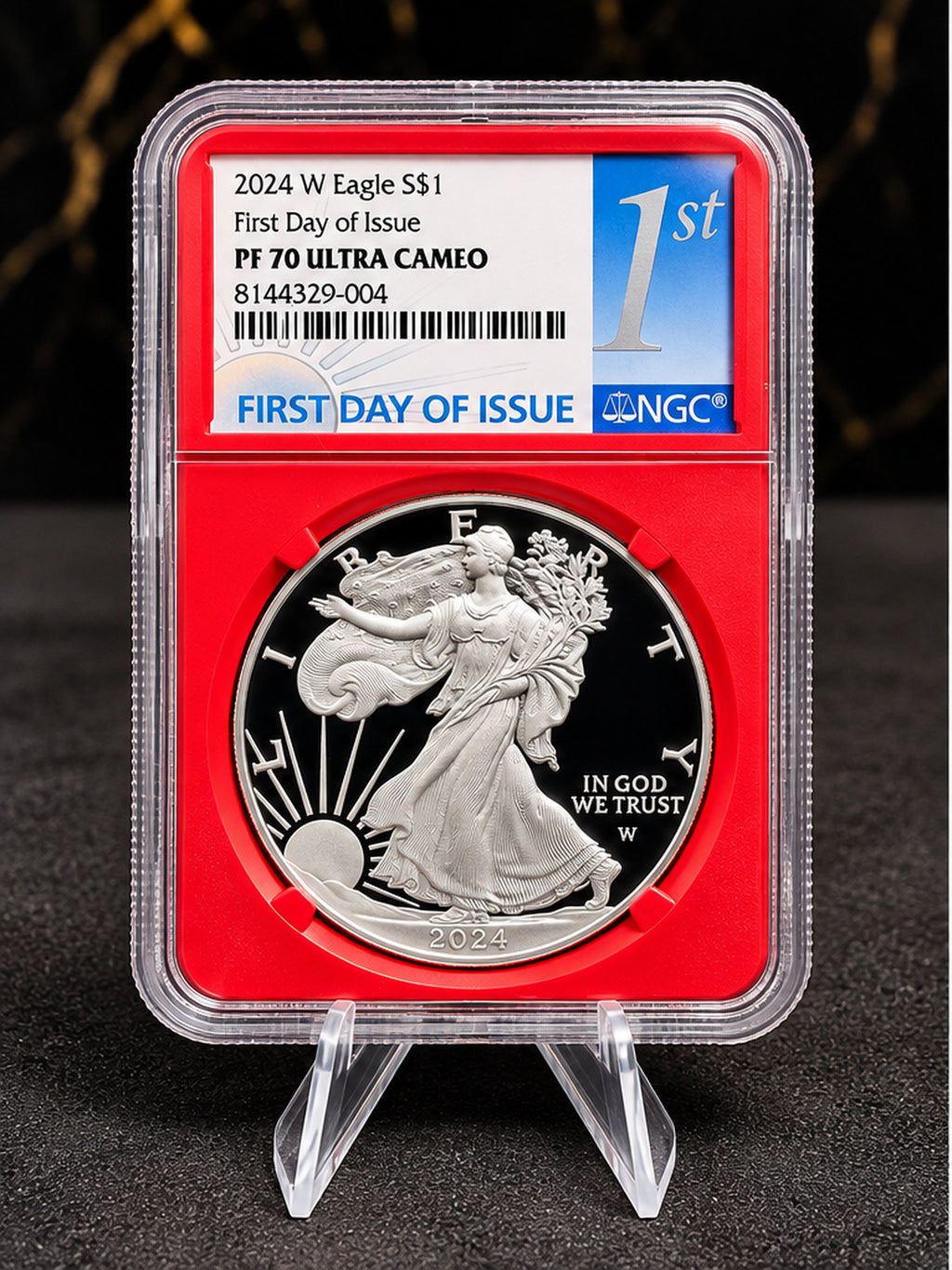 2024-W Proof American Silver Eagle NGC PF70 Ultra Cameo First Day of Issue red holder obverse, certification 8144329-004