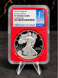 2024-W Proof American Silver Eagle NGC PF70 Ultra Cameo First Day of Issue red holder obverse, certification 8144329-004