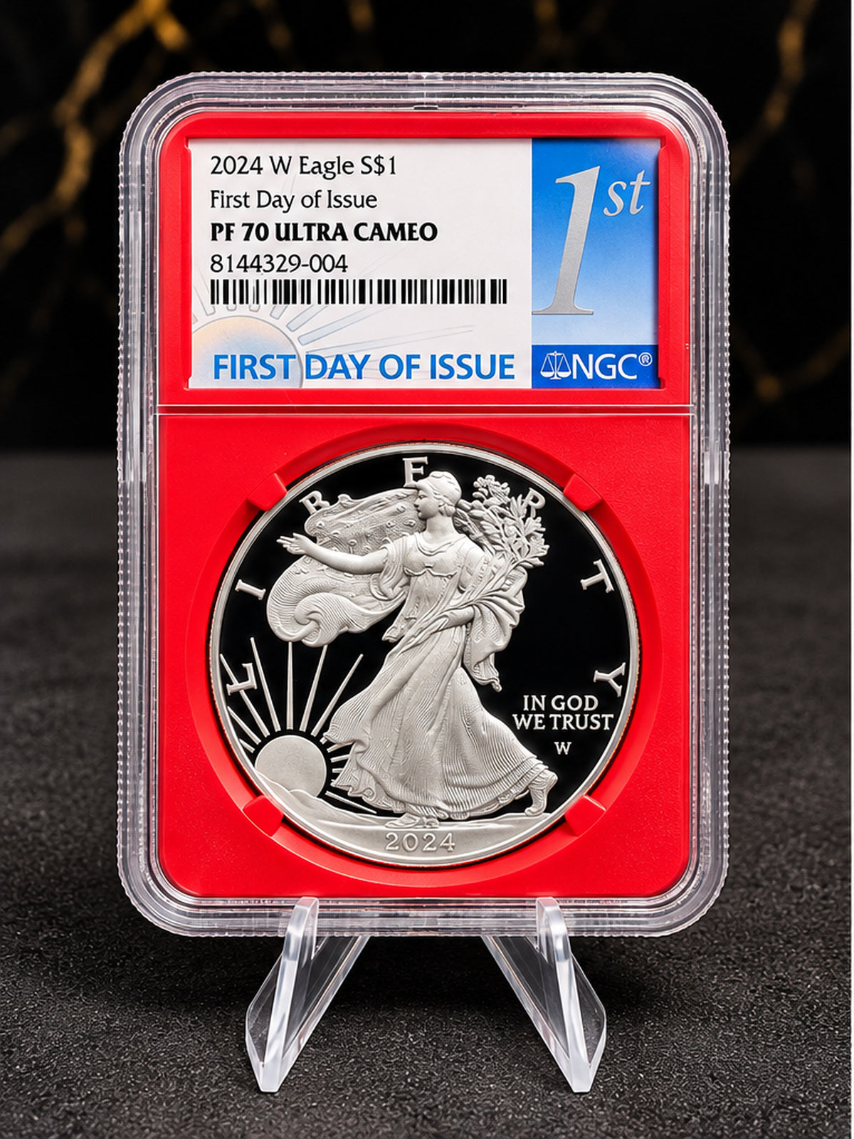 2024-W Proof American Silver Eagle NGC PF70 Ultra Cameo First Day of Issue red holder obverse, certification 8144329-004