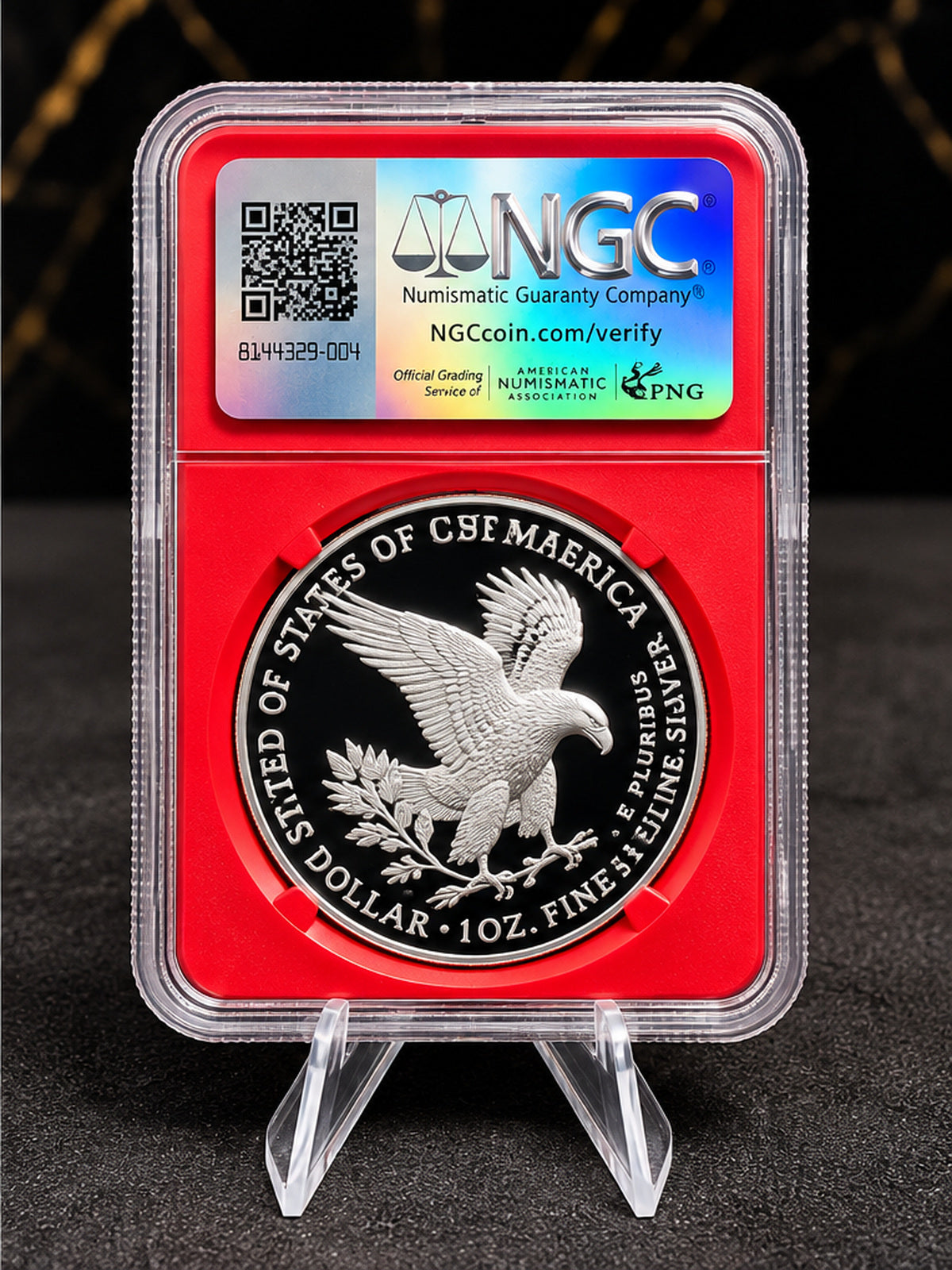 NGC graded American Silver Eagle reverse and authentication hologram, certification 8144329-004