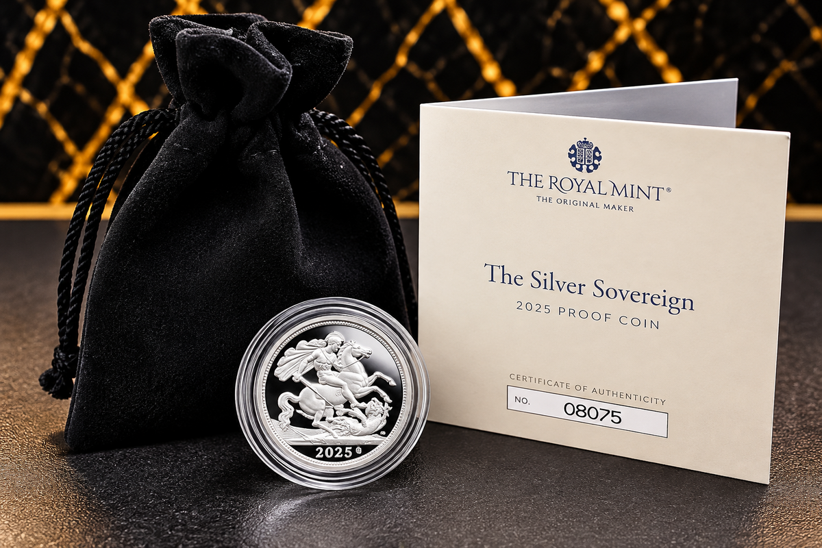 Exact 2025 Royal Mint Silver Sovereign Proof coin, 7.99g .999 fine silver, black drawstring pouch and certificate 08075