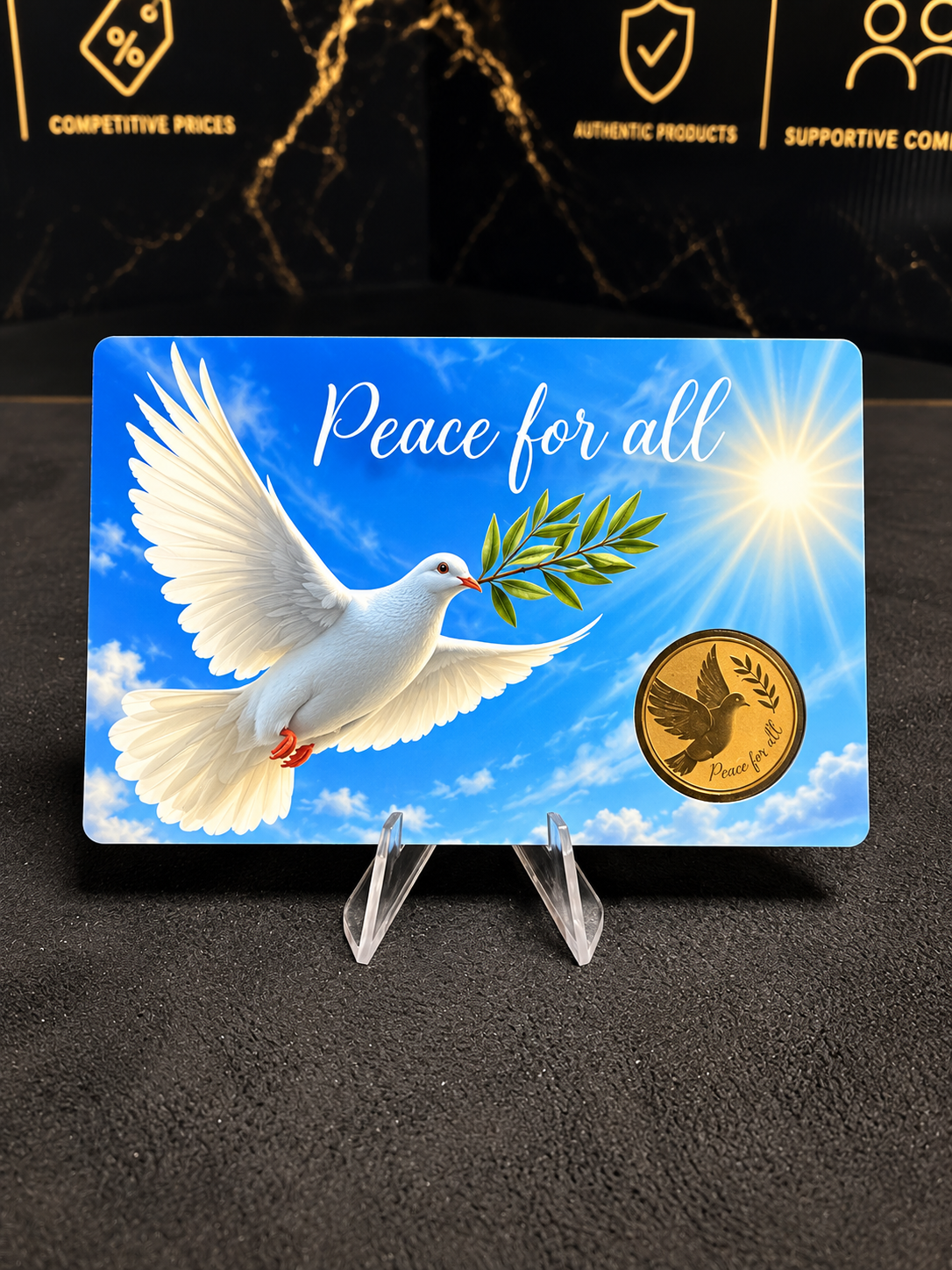 2026 Gabon Peace for All Dove 1000 Francs 1/1000oz fine gold coin in blue dove with olive branch presentation card