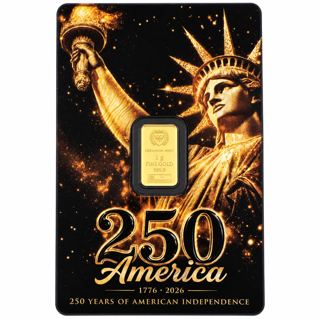 2026 Germania Mint America 250 1g 999.9 fine gold bar in Statue of Liberty presentation card front