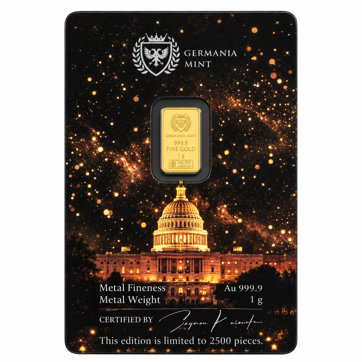2026 Germania Mint America 250 1g fine gold commemorative card reverse with US Capitol and mintage 2500