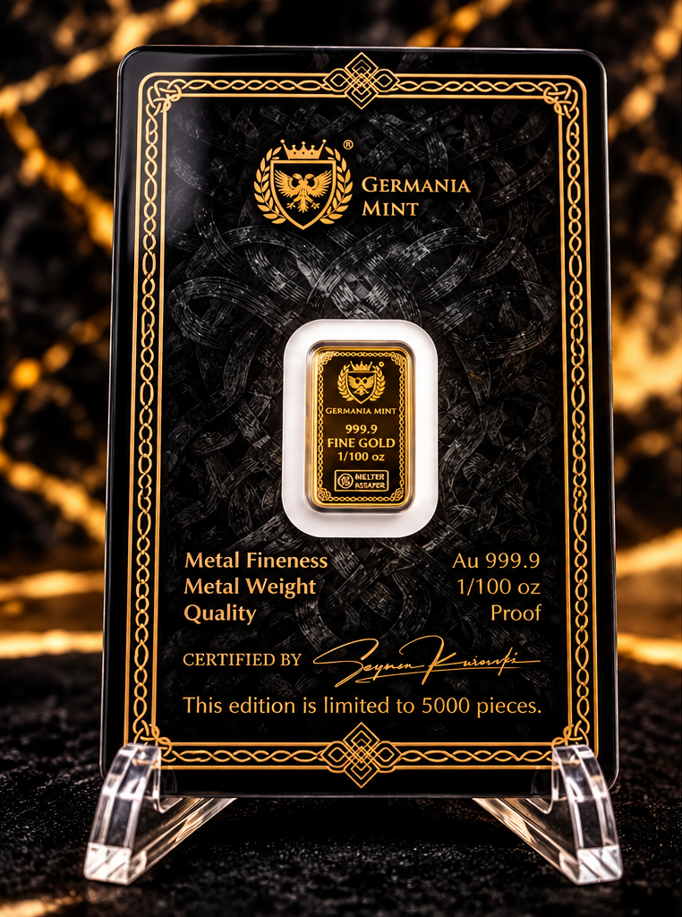 2026 Germania Mint Odin 1/100 oz gold Proof bar certified reverse, mintage 5000