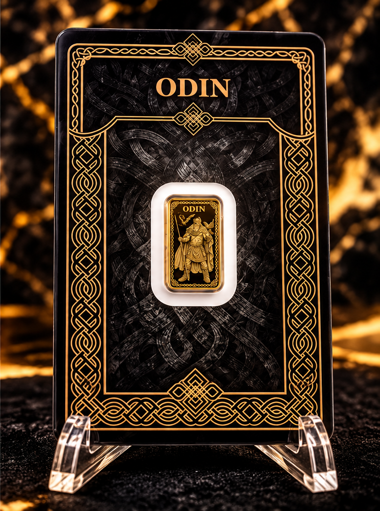 2026 Germania Mint Odin 1/100 oz gold proof bar, Norse god Odin, front in Safepack