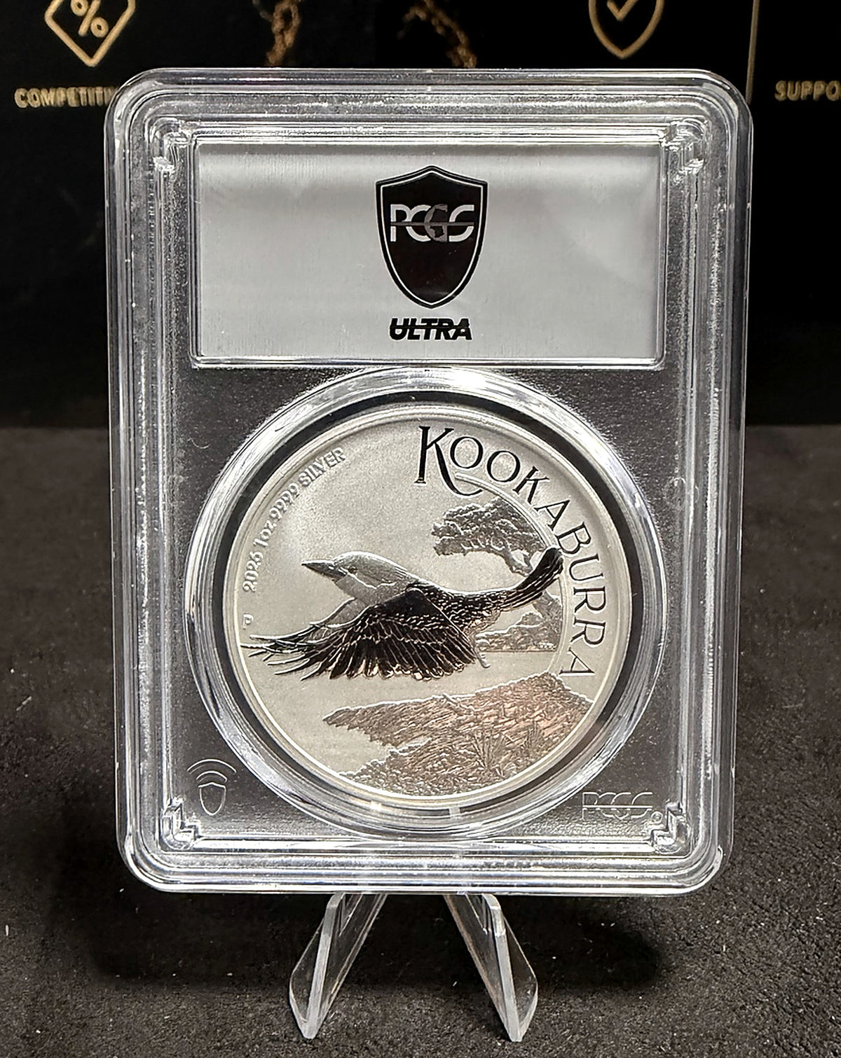 Actual 2026 Australian Kookaburra 1oz .9999 silver coin graded PCGS MS70 in Ultra holder front