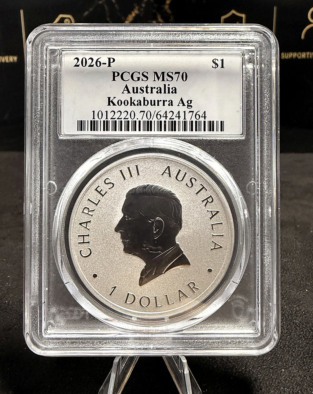 Actual PCGS MS70 label and King Charles III reverse of 2026 Kookaburra cert 64241764