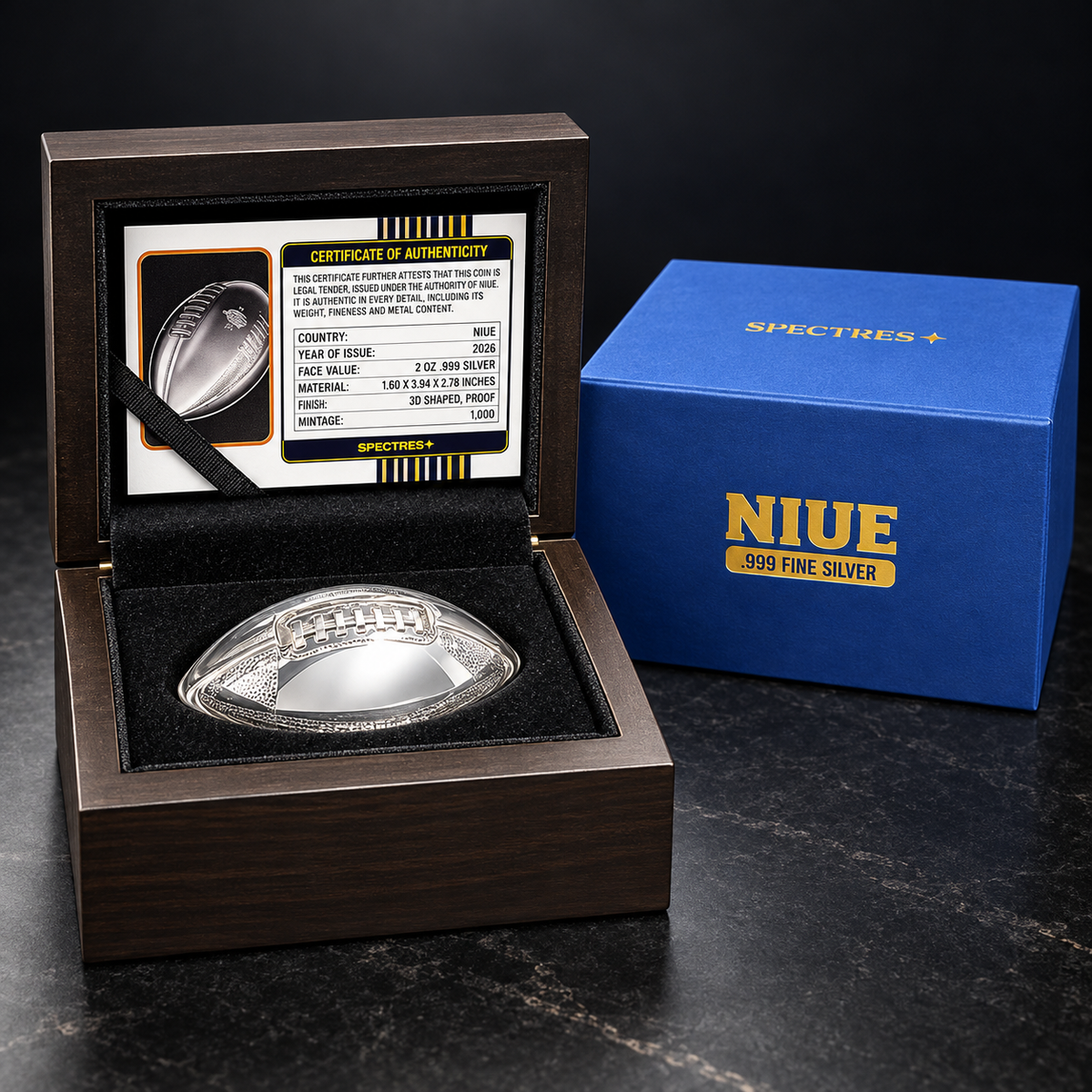 2026 Spectres Niue 3D American Football $5 Silver Proof 2oz .999 with original hardwood case, blue NIUE outer presentation and certificate