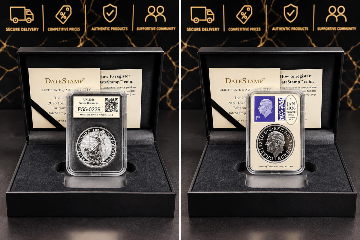 Actual 2026 Royal Mint Silver Britannia 1oz DateStamp limited 250 boxed set E55-0239, 1 Jan 2026 Royal Mail first day postmark, coin reverse and obverse