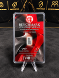 Benchmark Strategic Metals 1 GRAIN .999 Fine Silver bar Red Black Certificate of Authenticity card – photograph digitally enhanced, bar is 0.0648 grams