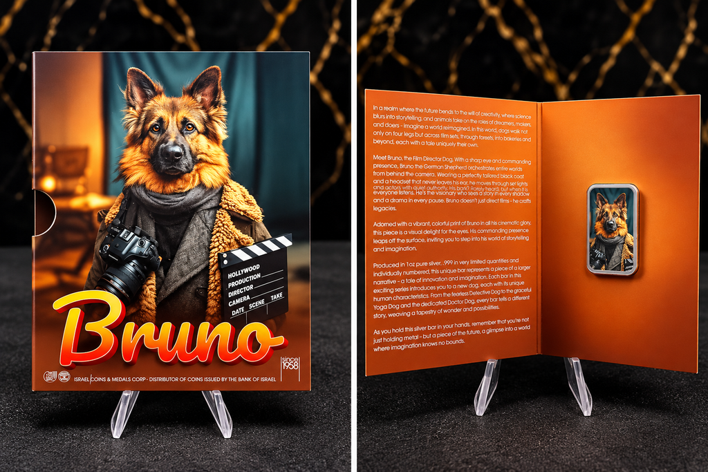 Bruno The Film Director Dog 1oz .999 silver bar, Human Dogs first release, illustrated book-style presentation front and inside