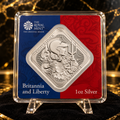 Royal Mint Britannia and Liberty 1oz .9999 silver bar in official blister packaging with GDP Bullion black and gold marble background