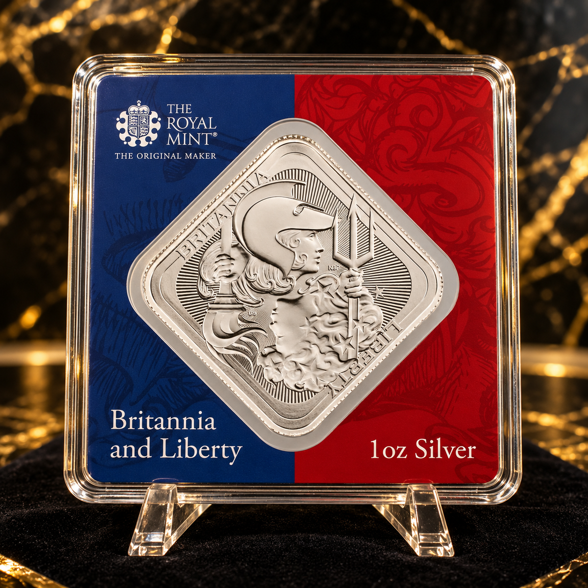 Royal Mint Britannia and Liberty 1oz .9999 silver bar in official blister packaging with GDP Bullion black and gold marble background