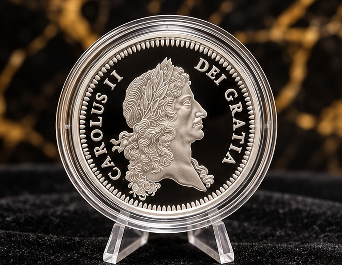 Enhanced close-up of the King Charles II silver proof portrait in capsule
