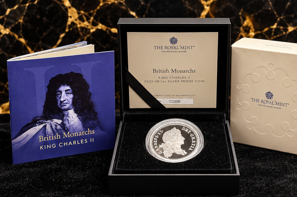 Enhanced studio-styled presentation of 2023 King Charles II boxed silver proof coin
