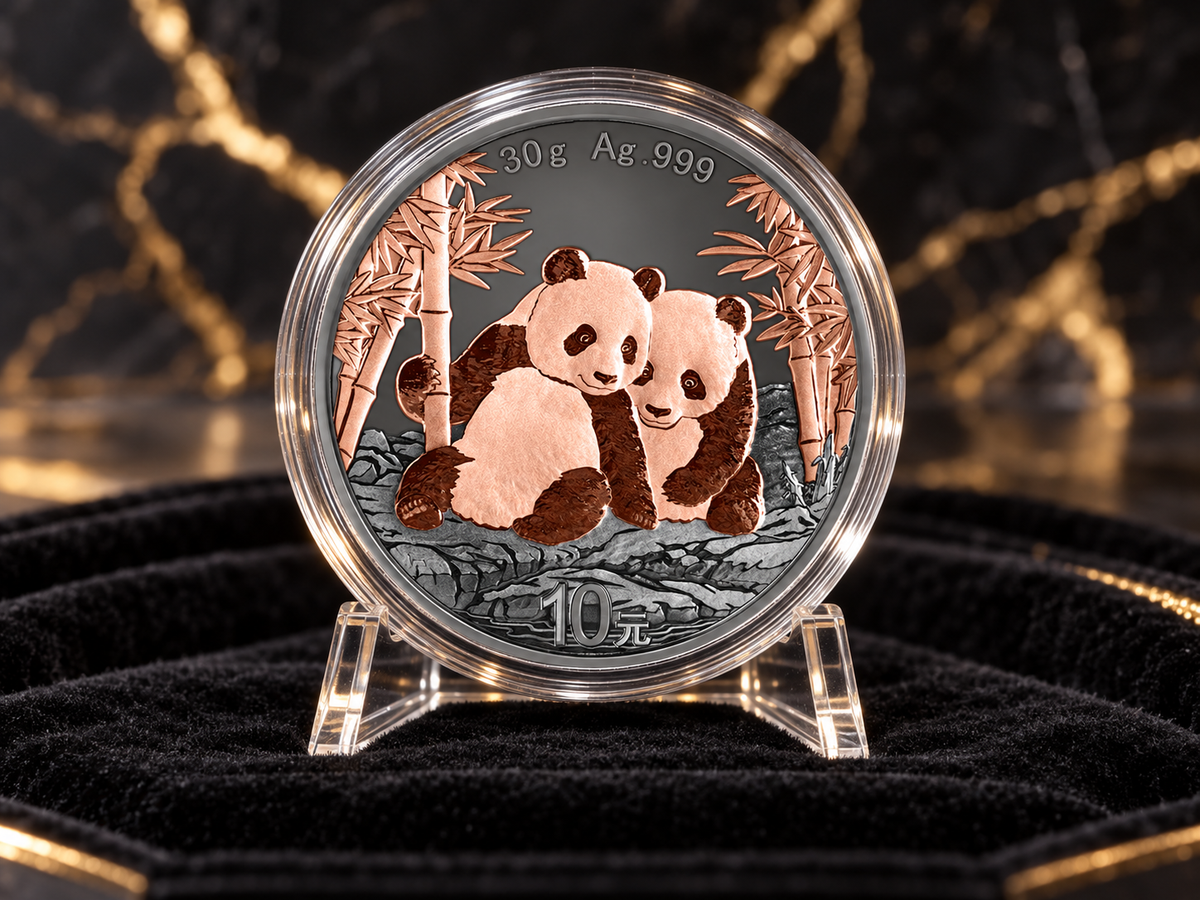 2026 China Panda Black and Pink 30g .999 silver coin featuring two rose-gold pandas, black ruthenium finish
