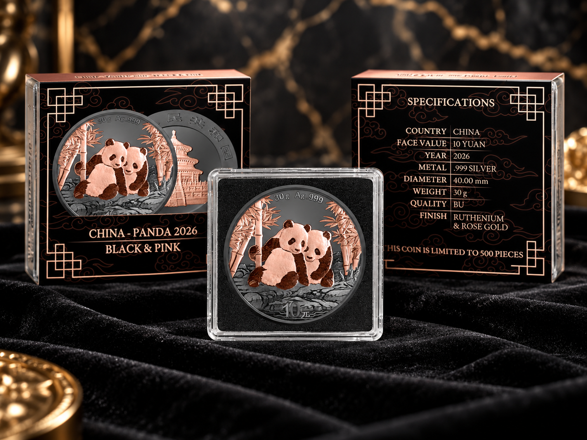 2026 China Panda Black and Pink limited 500 silver collector coin, protective display capsule and box