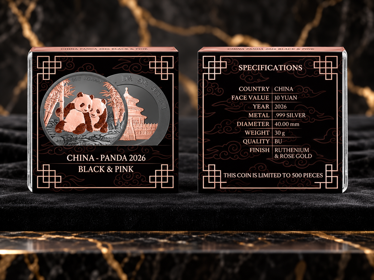 2026 China Panda Black and Pink collector edition original style packaging with 30g silver specifications and 500 mintage
