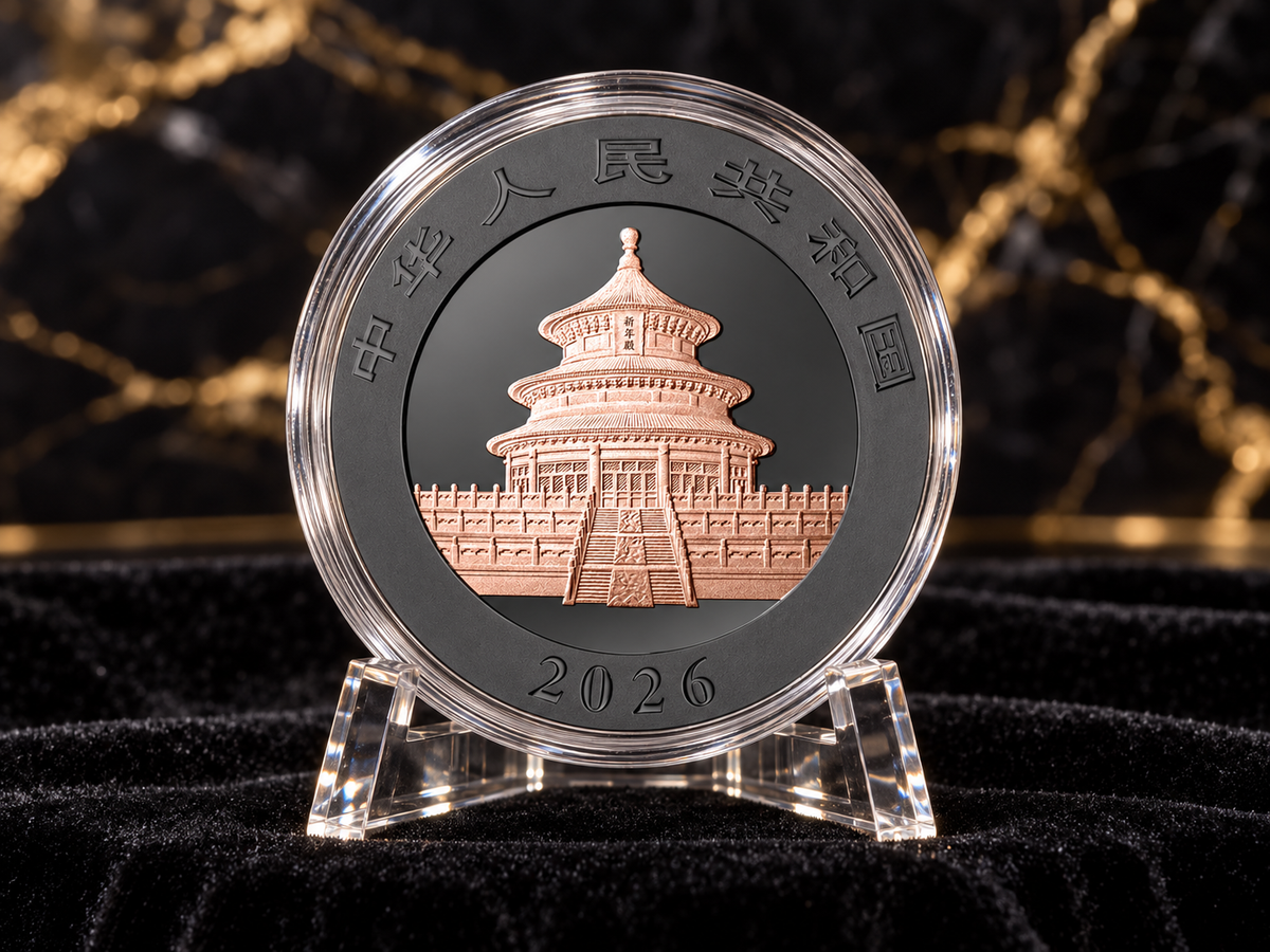 Reverse of the 2026 China Panda Black and Pink ruthenium and rose-gold silver coin, Temple of Heaven