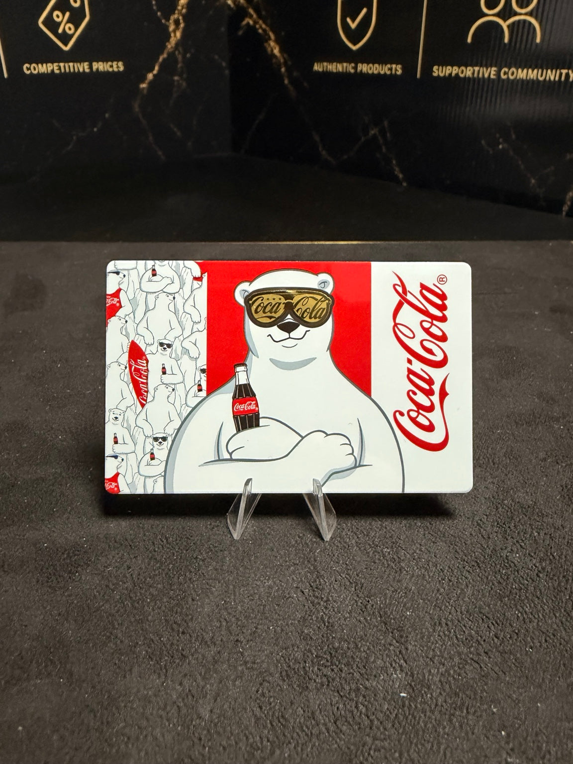 Actual Coca-Cola Polar Bear 1/1000oz fine gold miniature sunglasses coin card with red and white polar bear Coca-Cola collectible artwork