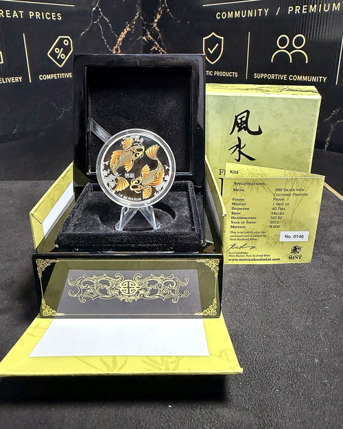 2012 Feng Shui Koi 1oz .999 silver proof coin displayed with presentation case and numbered COA 0146