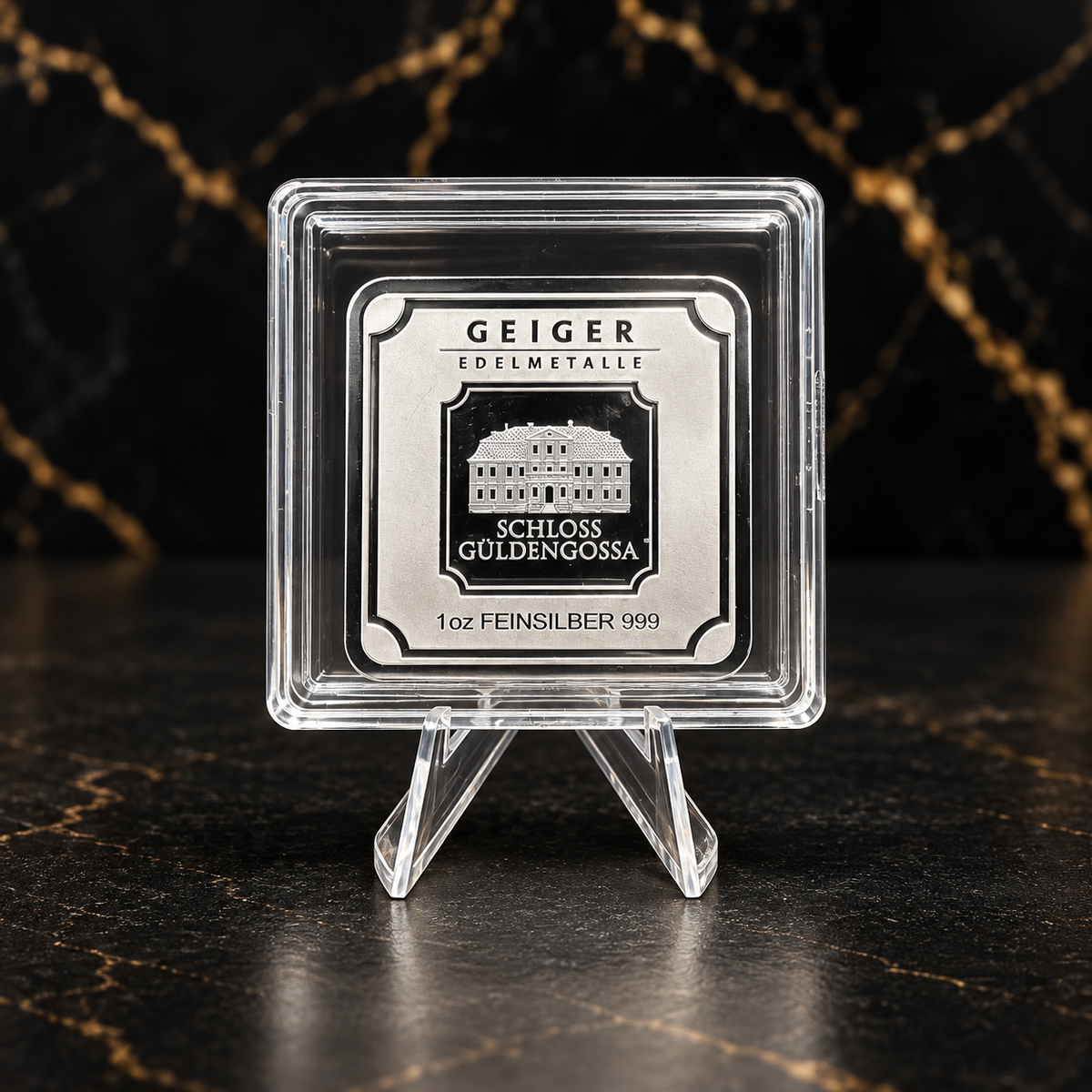 Geiger Edelmetalle Original 1oz .999 silver square minted bar Schloss Güldengossa in square transparent capsule, front