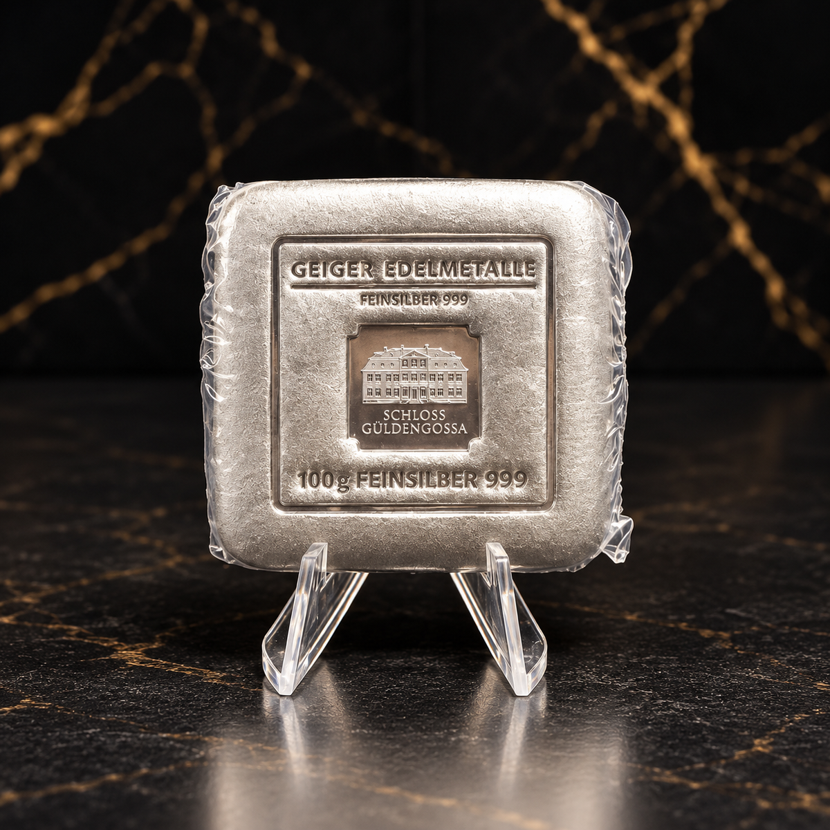 Geiger Edelmetalle Original 100g fine silver cast bar, Schloss Güldengossa, original sealed foil, actual item