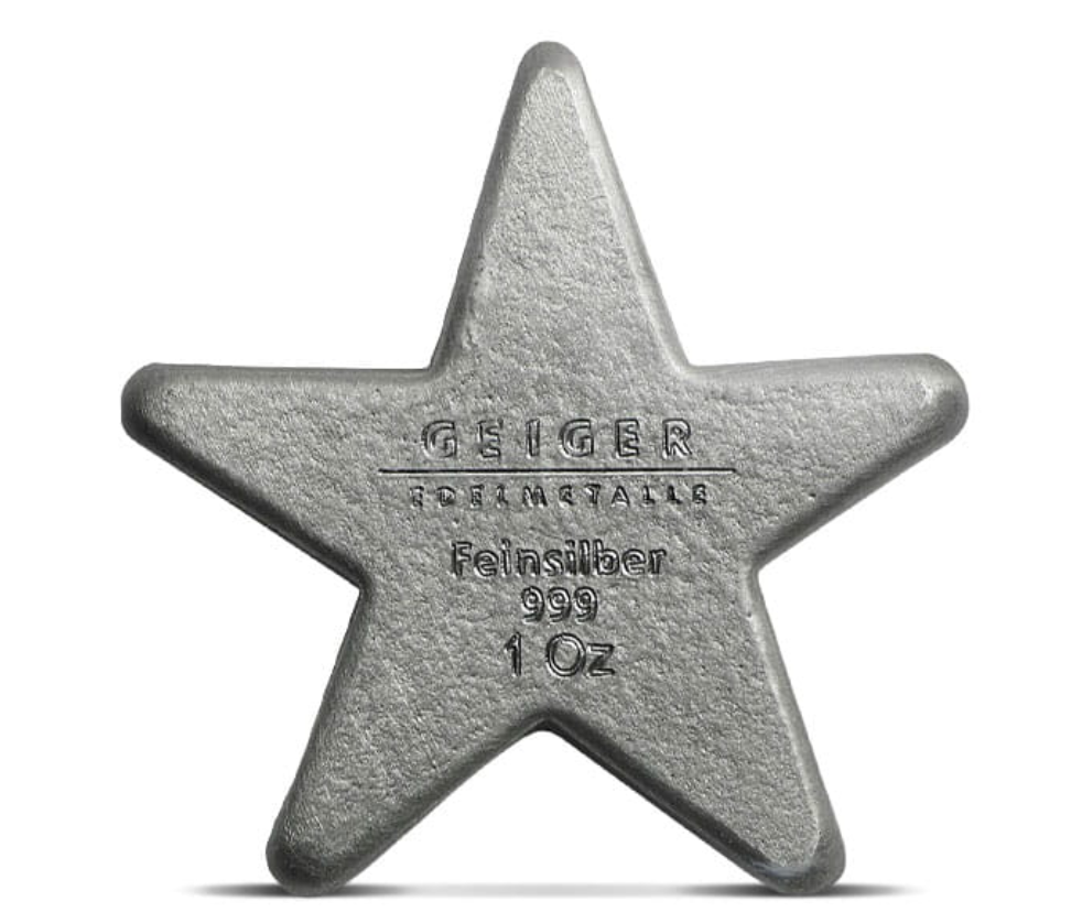 Textured reverse of Geiger star bar with Geiger Edelmetalle Feinsilber 999 1 Oz stamping
