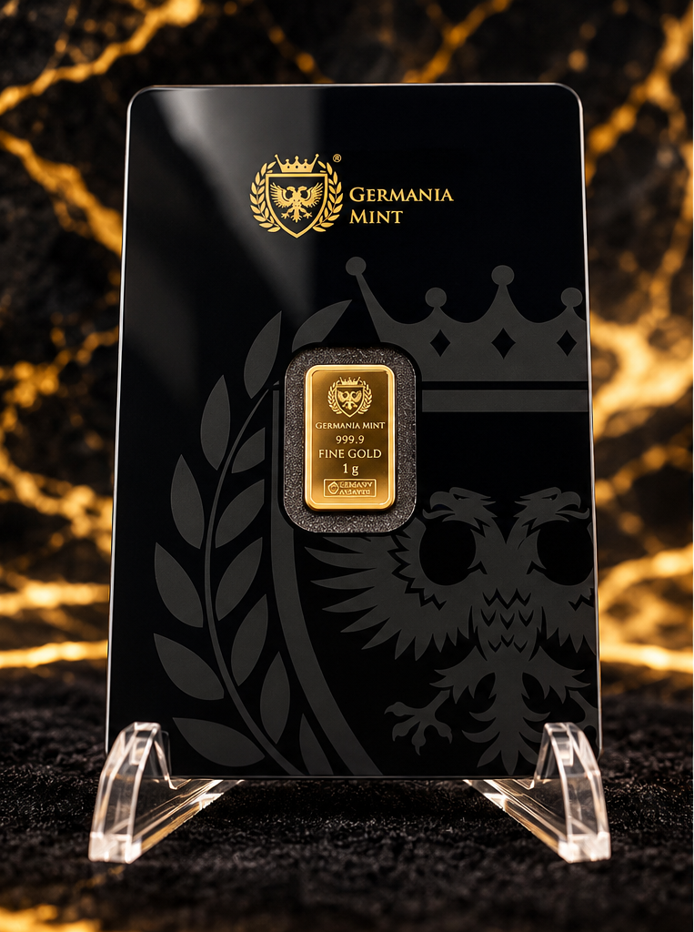 Germania Mint 1g 999.9 fine gold bar in black Safepack front