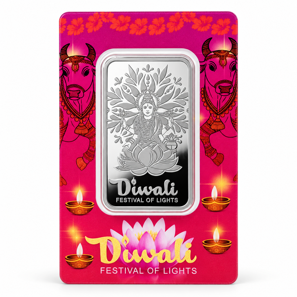 PAMP Diwali Sacred Cow 1 oz .999 silver bar Festival of Lights original packaging front