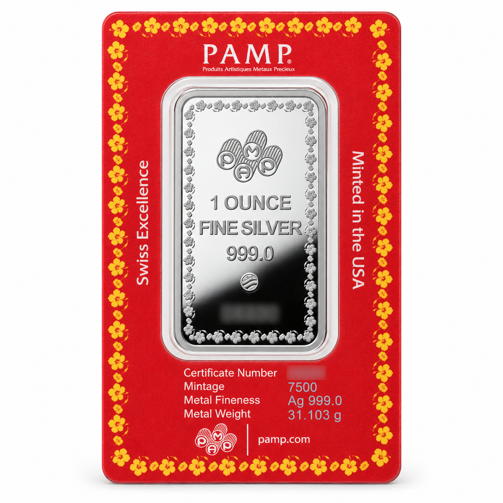 PAMP Diwali Sacred Cow 1 oz silver bar reverse, .999 purity, serial and certificate numbers obscured
