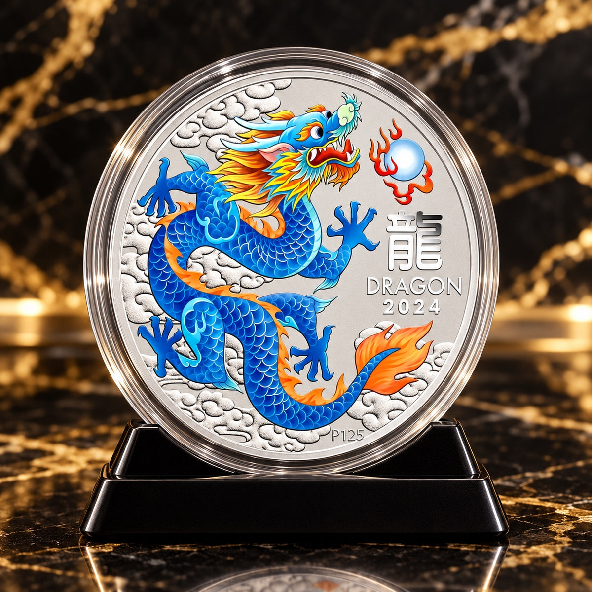 2024 Perth Mint Year of the Dragon blue ½oz .9999 fine silver coin in capsule