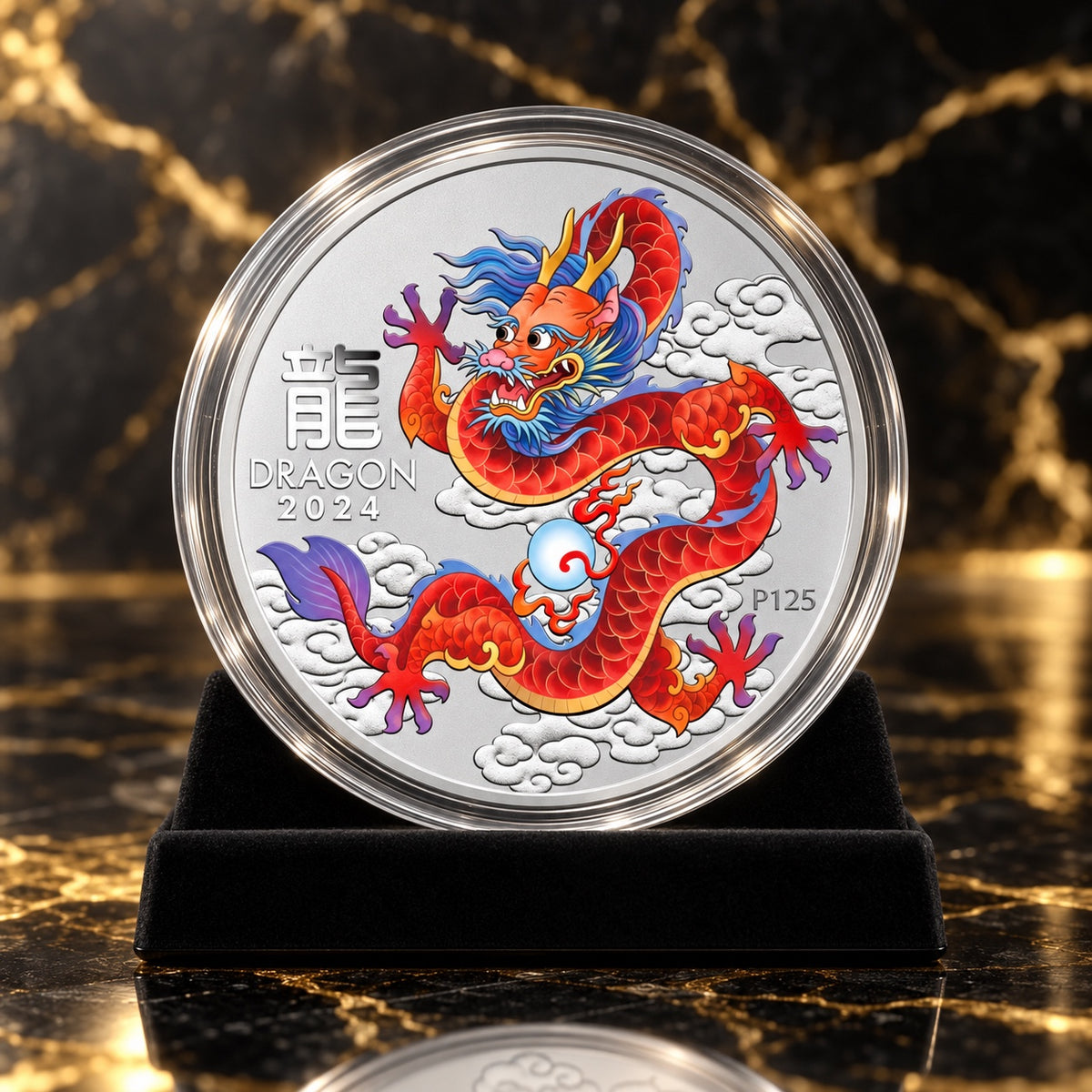 2024 Perth Mint Year of the Dragon red ½oz .9999 fine silver coin in capsule