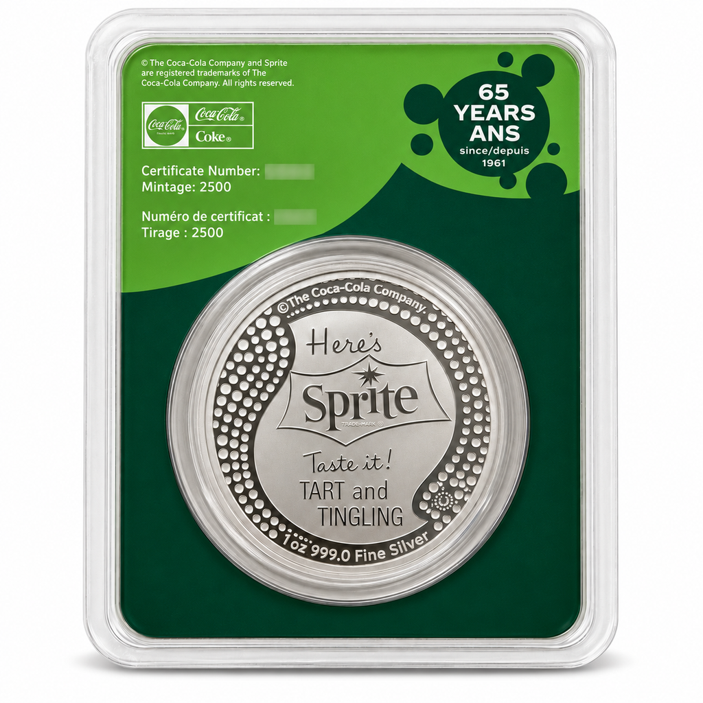 Sprite 1 oz silver round TEP packaging reverse, 2500 mintage, certificate number obscured