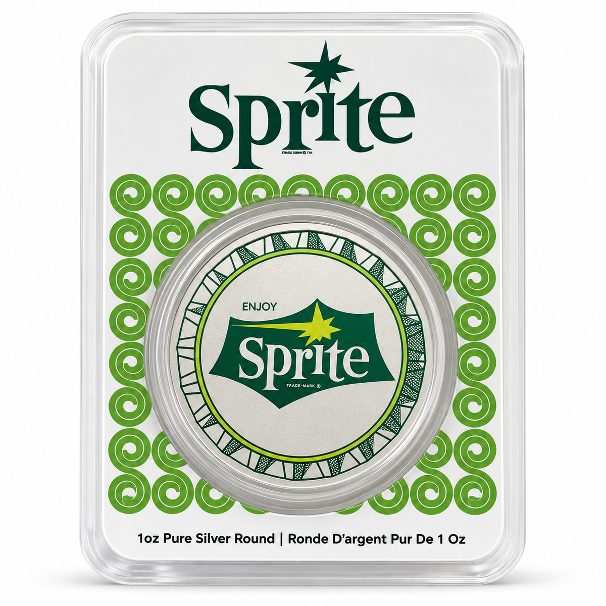 Sprite 65th anniversary 1 oz silver round in green white sealed TEP packaging front