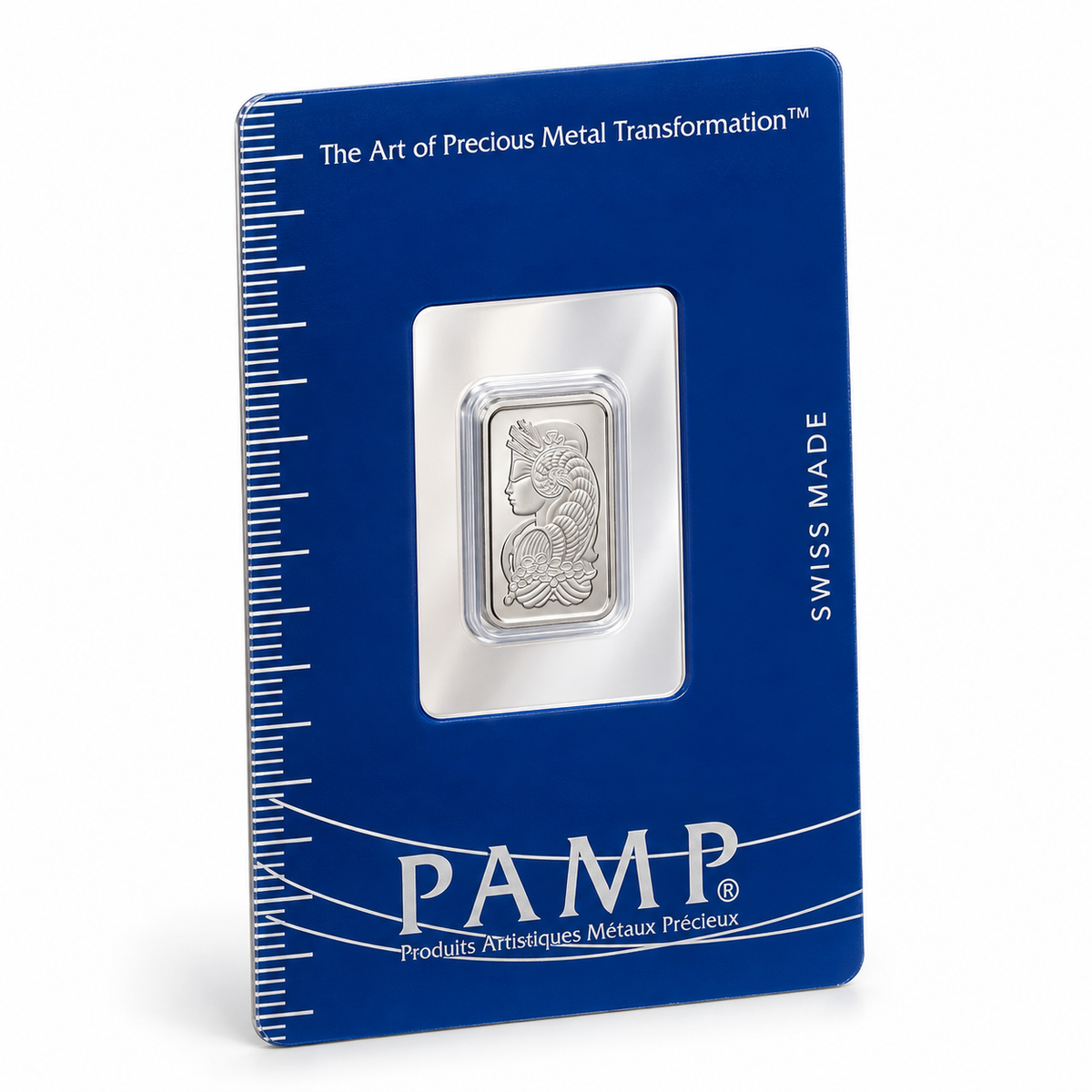 PAMP Suisse 1g platinum bar angled front view in sealed assay card