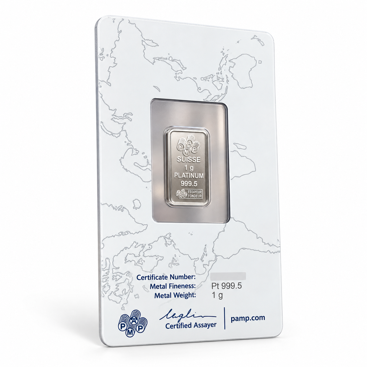 PAMP Suisse 1g platinum bar angled reverse assay card