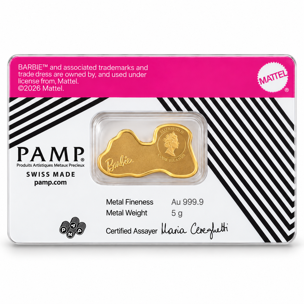 PAMP Barbie 5g gold CoinBar reverse assay card without serial or mintage number