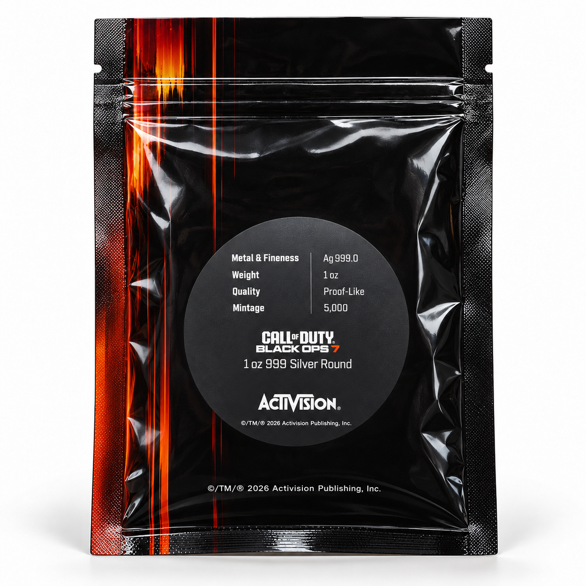 Back: 2026 Call of Duty Black Ops 7 silver round packet marked Ag 999.0, 1 oz, proof-like, 5,000 mintage