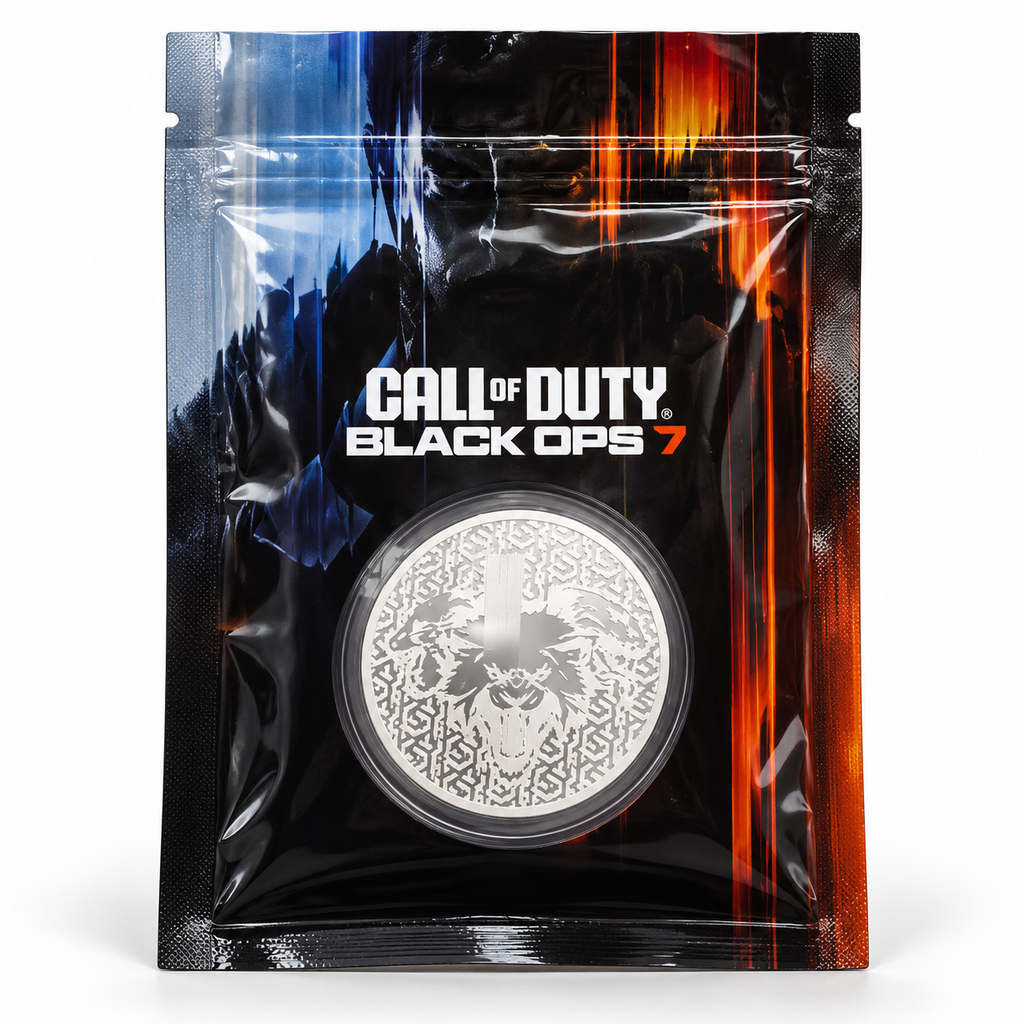 Front: 2026 PAMP Call of Duty Black Ops 7 1 oz silver round in original sealed packet