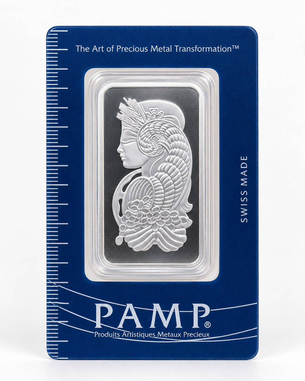 PAMP Suisse Lady Fortuna 1 oz .999 fine silver bar in blue CertiPAMP assay card front