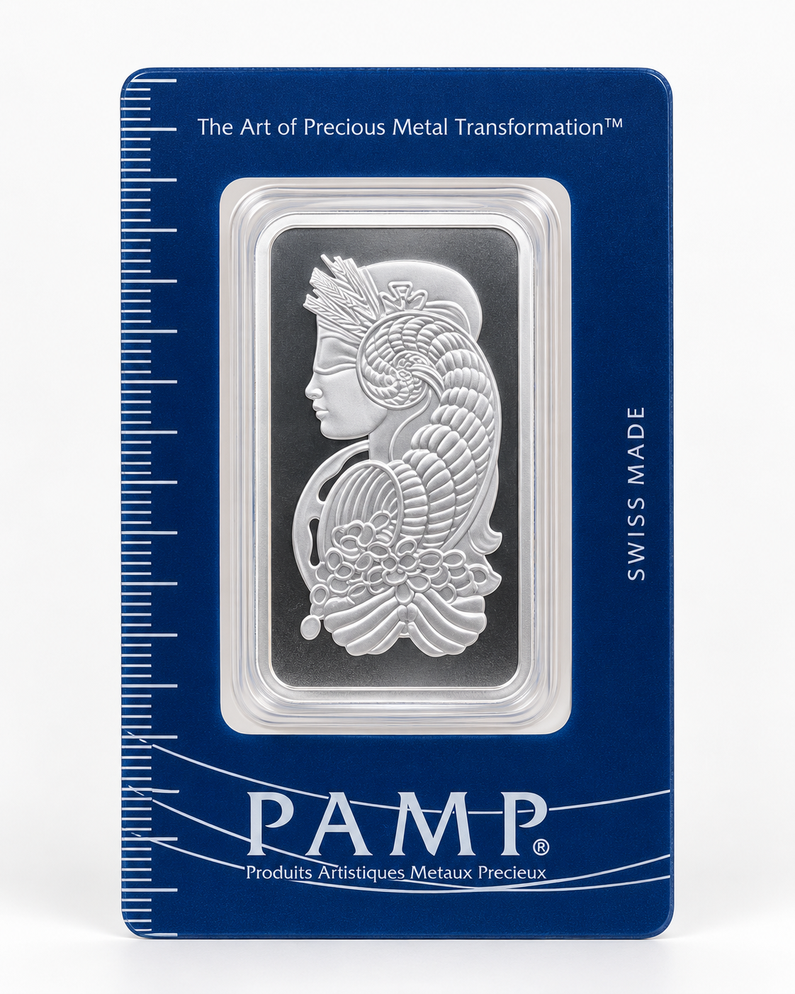 PAMP Suisse Lady Fortuna 1 oz .999 fine silver bar in blue CertiPAMP assay card front