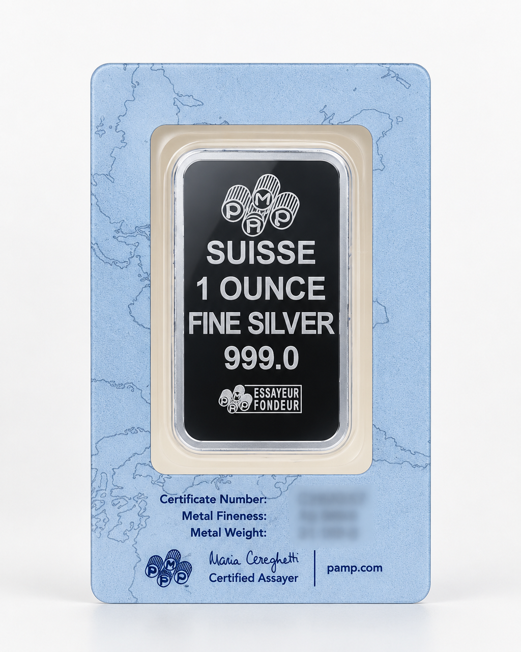 PAMP Suisse Lady Fortuna 1 oz .999 fine silver bar in blue CertiPAMP assay card reverse with certificate number obscured