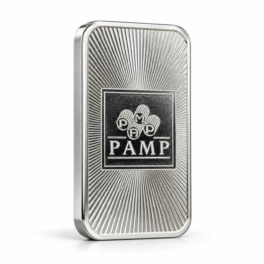 PAMP Logo 1 oz silver bar angled product view
