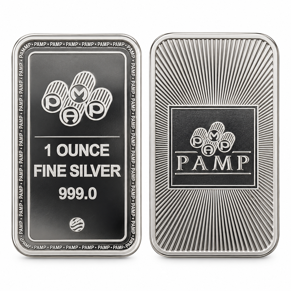 PAMP Logo 1 oz silver bar front and reverse