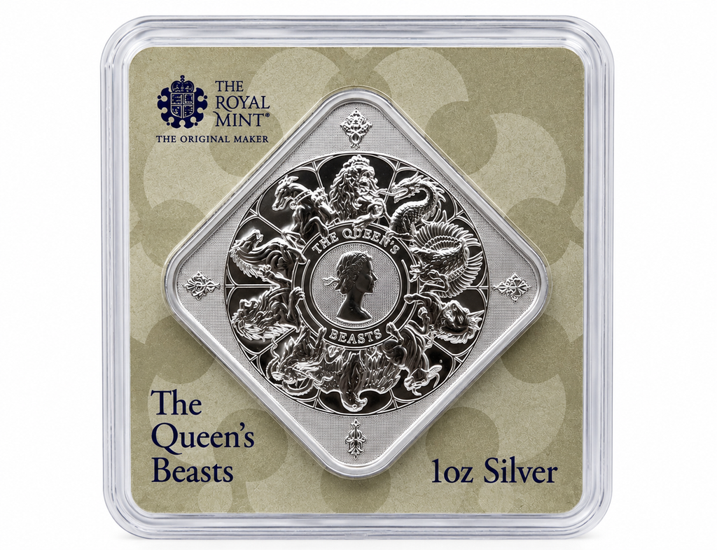 The Royal Mint Queen's Beasts Completer 1 oz silver bar in secure blister packaging