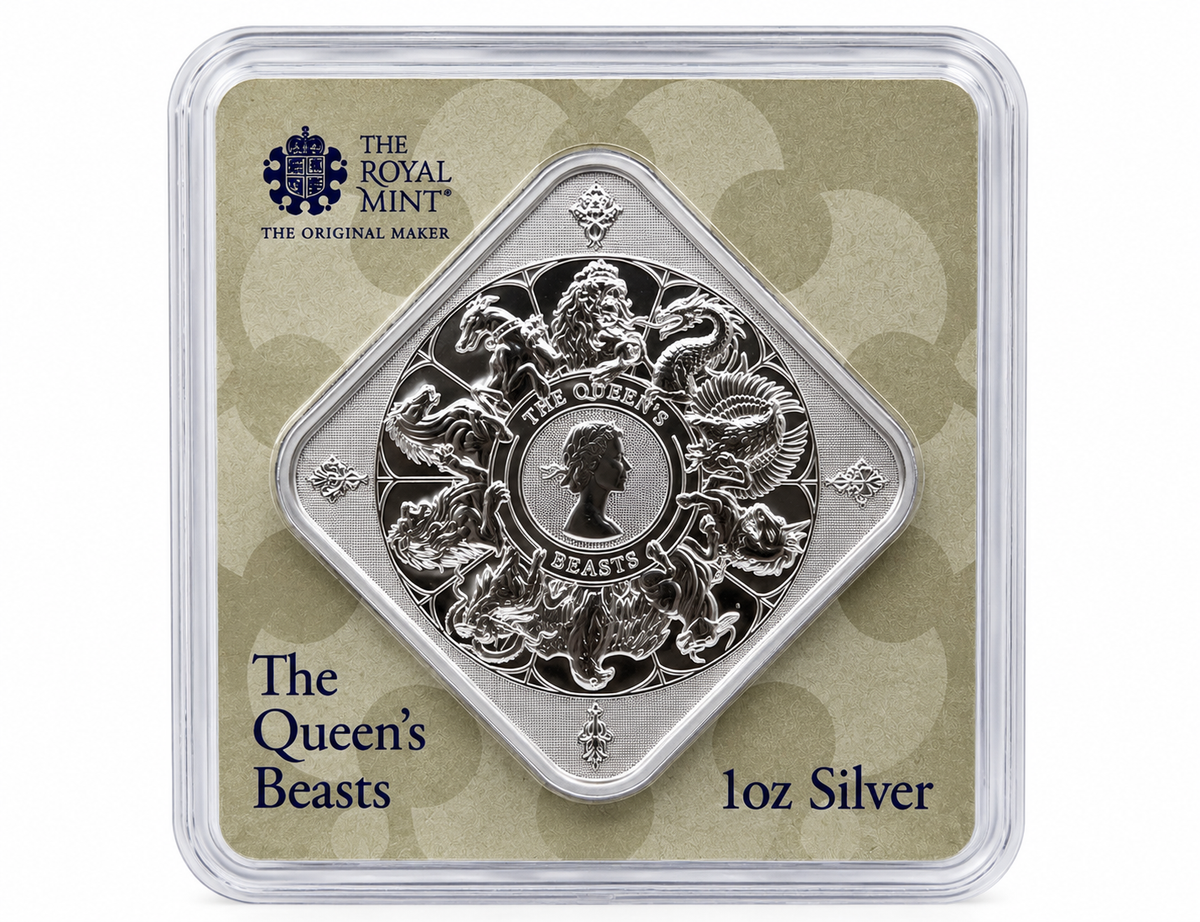 The Royal Mint Queen's Beasts Completer 1 oz silver bar in secure blister packaging