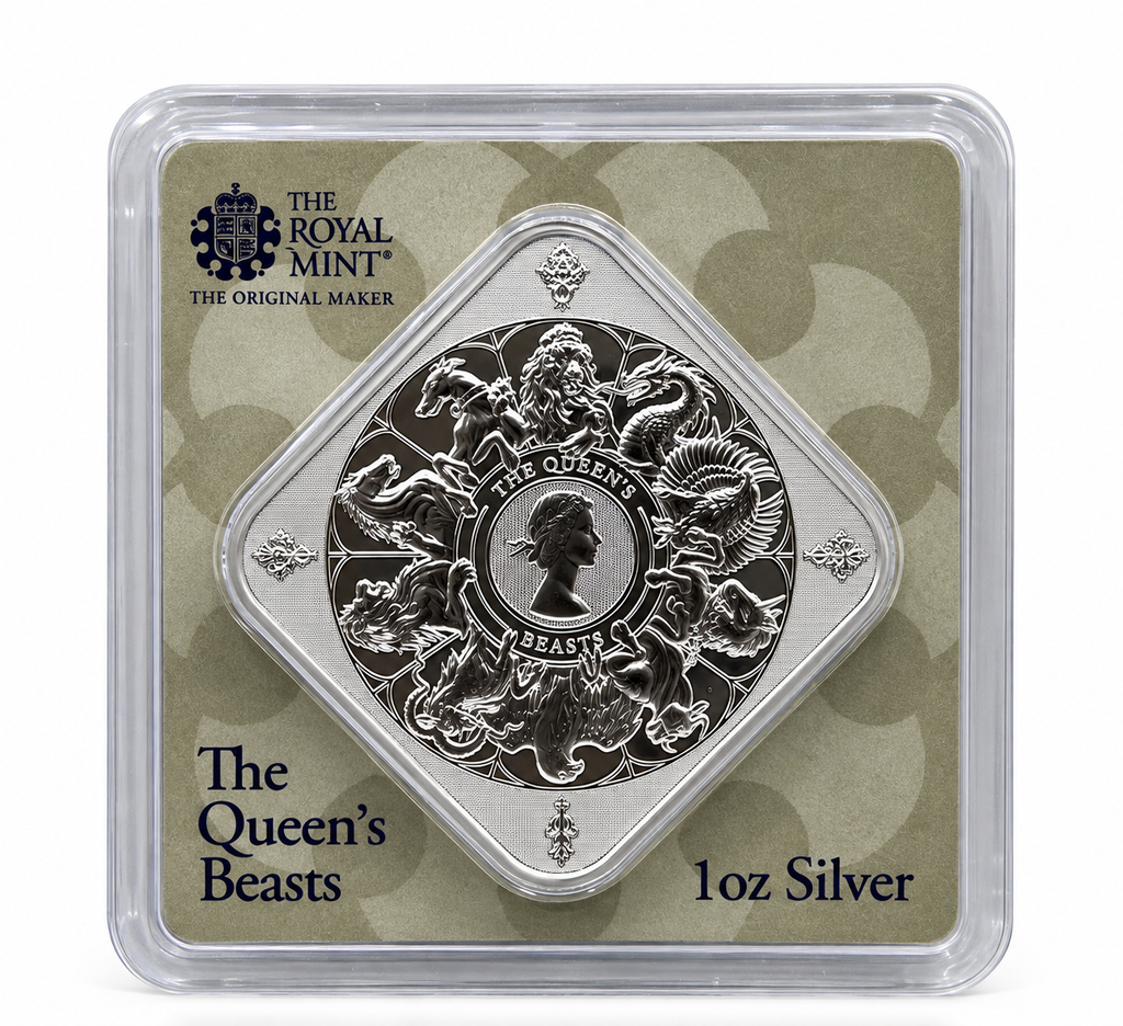 Queen's Beasts Completer 1 oz .9999 fine silver bar in Royal Mint packaging